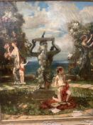 English School c.1900, oil on canvas, Classical maidens and youths in a garden, a figural sundial to