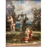 English School c.1900, oil on canvas, Classical maidens and youths in a garden, a figural sundial to