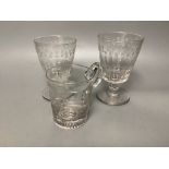 A George III engraved glass tankard and two matching Victorian rummers, tallest 15cm
