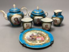 A 19th century Sevres style porcelain part tea set, largest diameter 16cm