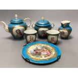 A 19th century Sevres style porcelain part tea set, largest diameter 16cm