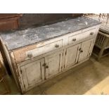 A Victorian pine slate top low dresser, length 170cm, depth 54cm, height 89cm