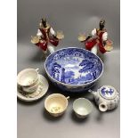 A Copeland Spode blue and white bowl, various cups, teapot etc, a pair of Venetian glass candelabra