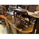 An Edwardian inlaid mahogany kidney shaped two tier table, width 58cm, depth 35cm, height 74cm