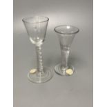 Two George II mercurial air twist stem cordial glasses, c.1750-5, with funnel and drawn trumpet