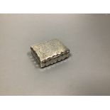 A late 19th/early 20th century Hanau? engraved white metal snuff box,76mm, 87 grams.