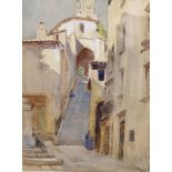 Pierre Vignal (1855-1925), watercolour, Street scene with steps to church, signed, 38 x 28cm,