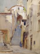 Pierre Vignal (1855-1925), watercolour, Street scene with steps to church, signed, 38 x 28cm,