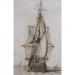 Richard Henry Nibbs (1816-1893), pen and ink drawing, Sailing ship at sea, 10 x 7cm