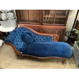 A Victorian mahogany chaise longue, length 200cm, depth 84cm, height 93cm