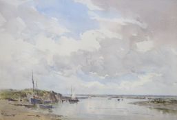Gerald Ackermann (1876-1960), watercolour, Estuary with fishing boats, signed, 24 x 35cm