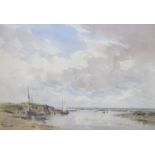 Gerald Ackermann (1876-1960), watercolour, Estuary with fishing boats, signed, 24 x 35cm