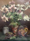 Harriet Sara Scott c.1900, oil on canvas, Still life of lilies and fruit on a table, signed, 80 x