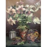 Harriet Sara Scott c.1900, oil on canvas, Still life of lilies and fruit on a table, signed, 80 x