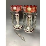 A pair of late 19th century Bohemian ruby and White overlaid glass table lustres32cm