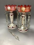 A pair of late 19th century Bohemian ruby and White overlaid glass table lustres32cm