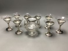 A set of eight Birks sterling mounted glass coupes, height 10.7 cm and a silver mounted two handle