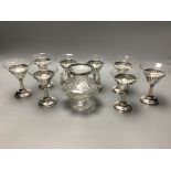 A set of eight Birks sterling mounted glass coupes, height 10.7 cm and a silver mounted two handle