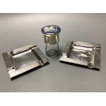 A pair of modern part engine turned silver ashtrays, 95 mm, 176 g and a silver and Wedgwood plaque