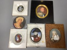 Six miniature portraits, on ivory or card