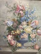 A*F*W*, watercolour, Still life of mixed flowers in an urn, initialled, 69 x 57cm