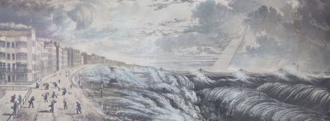 Hunt after Jones, coloured aquatint, Brighton Chain Pier in a storm, 14 x 36cm