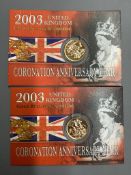 Two Elizabeth II gold sovereigns, Royal Mint issues - Coronation Anniversary Year, 2003.