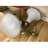 A pair of opaque white glass bell form ceiling pendantsH 107cm (total)