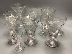 A small collection of late 18th/19th century divinity glasses, some with air twist stems, tallest