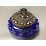 A cut glass pot pourri with enamelled and paste set cover, diameter16cm