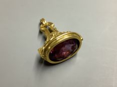 A yellow metal overlaid and amethyst set fob seal,27mm, gross 6.3 grams.