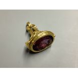 A yellow metal overlaid and amethyst set fob seal,27mm, gross 6.3 grams.