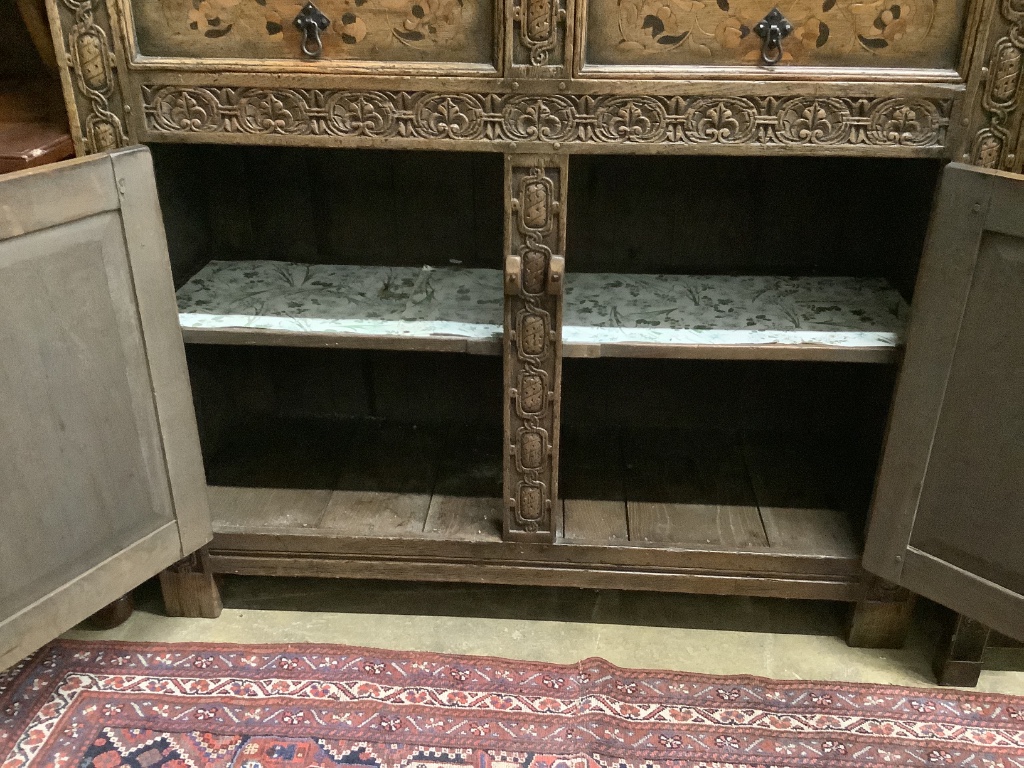 A reproduction 17th century style marquetry inlaid oak court cupboard, length 122cm, depth 43cm, - Image 2 of 3