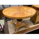 A Biedermier style birch and part ebonised circular coffee table, 85cm diameter, height 56cm