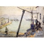 Andrew Archer Gamley (1869-1949), watercolour, Fishermen on the quay, signed, 27 x 37cm