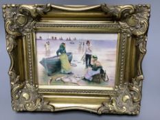 A framed porcelain plaque, painted by E.R. Booth, depicting fisherwomen at the shore, 12 x 17cm