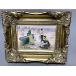 A framed porcelain plaque, painted by E.R. Booth, depicting fisherwomen at the shore, 12 x 17cm