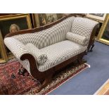 A William IV and later mahogany scroll arm settee, length 186cm, width 60cm, height 95cm