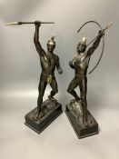 A pair of bronzed Roman archer and a spearman, total height 42cm