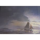 Geoff Hunt (20th century), gouache, 'The Solent and Hurst Castle in the moonlight with sailing