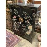 A Chinese lacquered and hardstone inlaid cabinet, width 87cm, depth 43cm, height 128cm