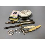 A pottery snuff box, picnic corkscrews and pen knives