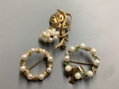 Three assorted modern 9ct gold brooches, one set with emerald, diamond and cultured pearl and two