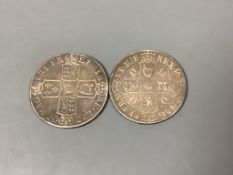 A Queen Anne crown 1707E, Fine and a Charles II crown 1676?, fine