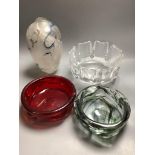 An Orrefors glass bowl, a Whitefriars bowl and two others, largest 25cm