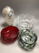 An Orrefors glass bowl, a Whitefriars bowl and two others, largest 25cm