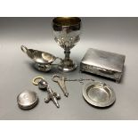 Two silver baby's rattles (a.f.), a Dutch white metal pill box, a silver two handled salt and four