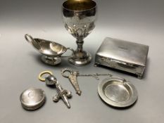 Two silver baby's rattles (a.f.), a Dutch white metal pill box, a silver two handled salt and four