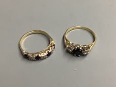 Two yellow metal, sapphire and diamond rings,one stamped 18ct, gross 5.2 grams.