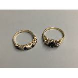 Two yellow metal, sapphire and diamond rings,one stamped 18ct, gross 5.2 grams.